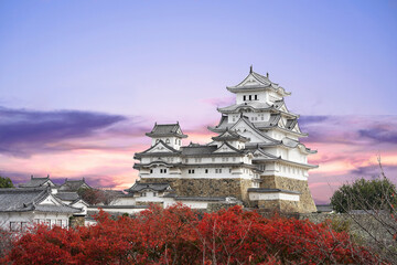 Himeji Castle and red maple leaves in autumn and sunlight in the evening sky in Himeji city Hyogo Prefecture of Japan.