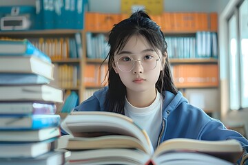 A girl is sitting in front of a pile of books and reading generated by AI