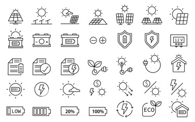 Solar panels icons set. solar energy flat simple for infographics design. Invertor, photovoltaic, energy outline vector, SVG vector illustration.