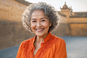 Wall Mural - Elderly Asian Woman with Toned Body and Balayage Hair Smiling in an Orange Blouse