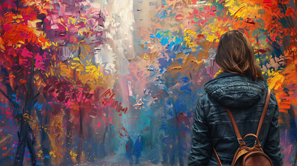 Wall Mural - Woman sightseeing in a vibrant city park, surrounded by colorful flowers and modern architecture, painted in an oil painting style