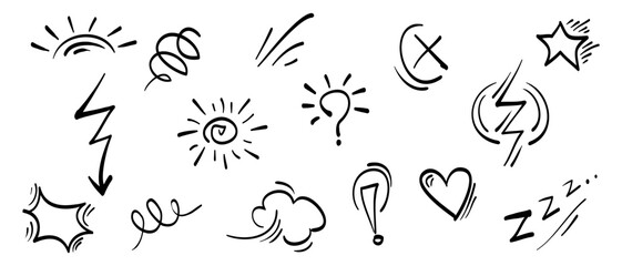 Poster - Doodle set cartoon expressions effects. Hand drawn emoticon effects design elements. vector illustration