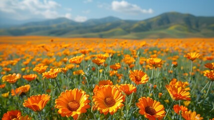 Wall Mural - A field of bright orange and yellow calendulas, with a background of rolling green hills and a clear blue sky. List of Art Media Photograph inspired by Spring magazine