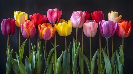 Wall Mural - A vibrant collection of tulips in an array of colors including yellow, red, pink, and purple, captured in full bloom. List of Art Media Photograph inspired by Spring magazine