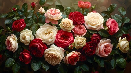 Wall Mural - a stunning bouquet of roses in various shades of red, pink, and white, elegantly arranged with lush 