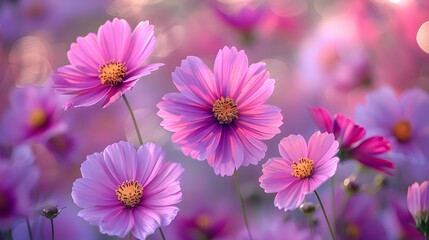 Wall Mural - A close-up shot of pink and purple cosmos flowers in full bloom, with their delicate petals and feathery foliage. List of Art Media Photograph inspired by Spring magazine