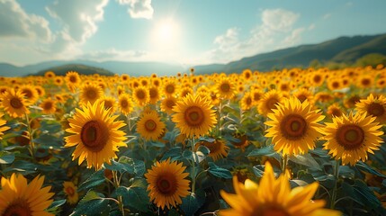 Wall Mural - a bright field of sunflowers with tall, golden blooms standing proudly under a clear blue sky, captu