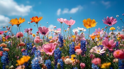 Wall Mural - a vibrant field of mixed wildflowers in full bloom, with a variety of colors including yellow, pink,