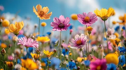 Wall Mural - a vibrant field of mixed wildflowers in full bloom, with a variety of colors including yellow, pink,