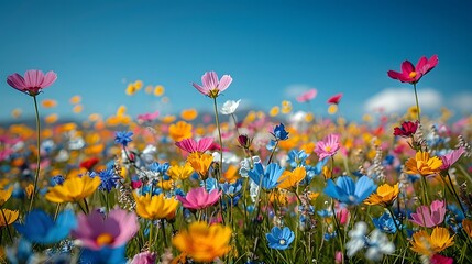 Wall Mural - a vibrant field of mixed wildflowers in full bloom, with a variety of colors including yellow, pink,