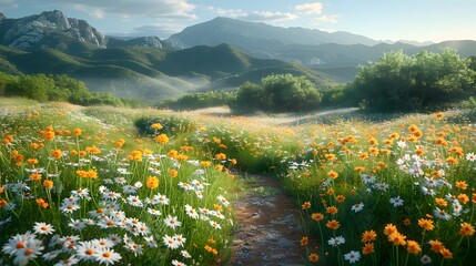 Wall Mural - a picturesque scene of wildflowers along a winding path, with a background of rolling hills and a cl