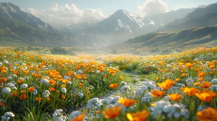 Wall Mural - a picturesque scene of wildflowers along a winding path, with a background of rolling hills and a cl
