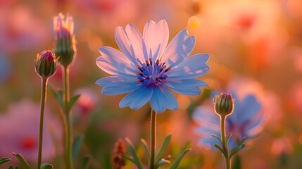 Wall Mural - A close-up of a single wildflower with delicate petals and a bright center, surrounded by a blurred background of greenery and other flowers. List of Art Media Photograph inspired by Spring magazine
