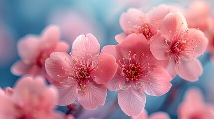 Wall Mural - cherry blossoms in full bloom with soft pink petals, set against a background of a clear spring sky,