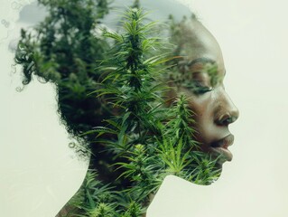 Wall Mural - Double exposure of beautiful woman and blue forest