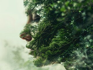 Wall Mural - Double exposure of beautiful woman and blue forest