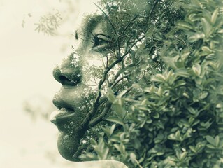 Wall Mural - Double exposure of beautiful woman and blue forest