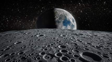 Wall Mural - A 3D moonscape with detailed craters and a distant view of Earth rising above the horizon under a star-filled sky. 32k, full ultra hd, high resolution