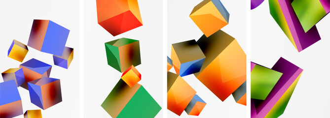 Poster - Flying 3d shapes, cubes and other geometric elements background design for wallpaper, business card, cover, poster, banner, brochure, header, website