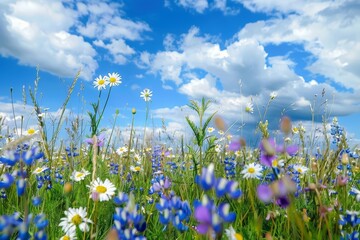 Meadow flowers and blue wild peas against blue sky close-up macro nature landscape