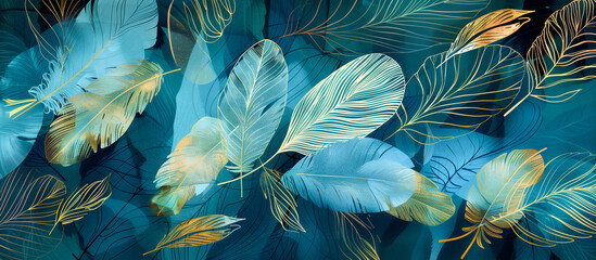 Wall Mural - luxury abstract blue golden feather texture banner background