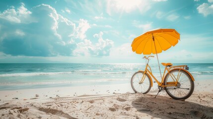 Vintage bike on shoreline, azure waters, beach umbrella, summer relaxation, golden sunlight