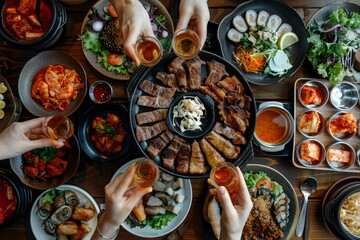 Friends Toasting at Korean BBQ Feast