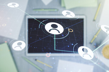 Poster - Social network concept and modern digital tablet on background, top view. Multiexposure