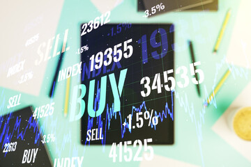 Poster - Multi exposure of abstract creative financial graph and modern digital tablet on background, top view, forex and investment concept
