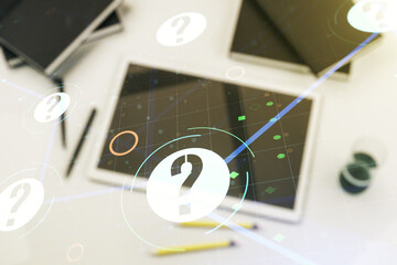 Aufkleber - Creative abstract question mark sketch and modern digital tablet on background, FAQ and research concept. Double exposure