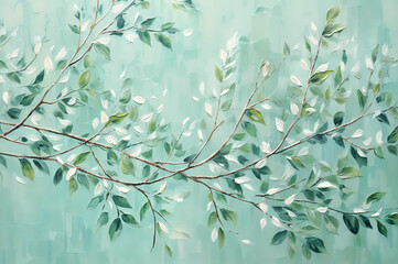 Abstract botanical artistic background. Oil painting of tree branch with green leaves on textured blue-green backdrop