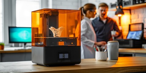 Aufkleber - Modern 3D printer in a laboratory with a printed model, highlighting the technological advancements and innovative processes in engineering, Generative AI