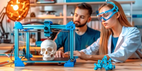 Aufkleber - Engineers and scientists in a laboratory using 3D printing technology to create a detailed skull model, demonstrating the intersection of technology, medical research, Generative AI