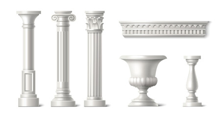 Wall Mural - 3d roman column. White greek marble pillar vector. Rome temple architecture isolated realistic sculpture art design. Doric colonnade and ornate baluster render decoration. Baroque italian pilar