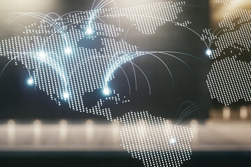 Aufkleber - Double exposure of abstract digital world map hologram with connections on modern business center exterior background, research and strategy concept
