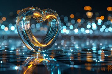 Poster - A glowing wireframe heart illuminated with golden lights and surrounded by vibrant bokeh, symbolizing love and connection in a digital and modern art form, Generative AI