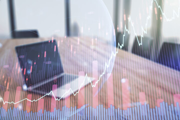 Poster - Multi exposure of abstract creative financial graph with world map on modern laptop background, forex and investment concept