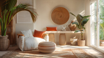 Wall Mural - Boho-inspired room with a houseplant, chic furnishing, and bright decor elements