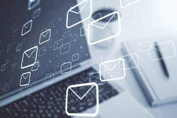 Poster - Creative concept of postal envelopes illustration on modern laptop background. Email and communications concept. Multiexposure