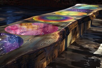 Wall Mural - : A futuristic interpretation of LGBT natural patterns merged with a rustic table surface, creating a harmonious blend of traditional and modern elements.