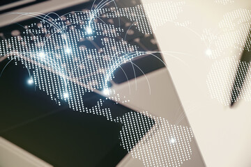 Poster - Double exposure of abstract digital world map with connections on laptop background, research and strategy concept