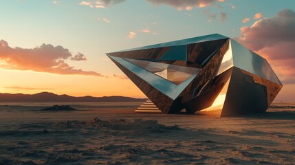 Wall Mural - A futuristic home with a dynamic, angular design made of reflective materials, standing alone in a stark desert landscape at sunset. 32k, full ultra hd, high resolution