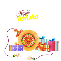 Sticker - Happy Raksha Bandhan Greeting Card with Beautiful Rakhi, Gift Boxes on Orange Background.