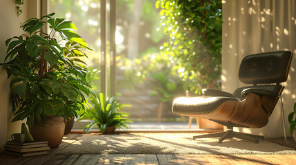 Wall Mural - Classic home decor with a green plant, wooden floor, and contemporary furniture