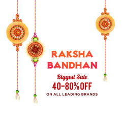 Wall Mural - raksha bandhan sale poster design with hanging beautiful rakhis on chrome yellow brush stroke backgr