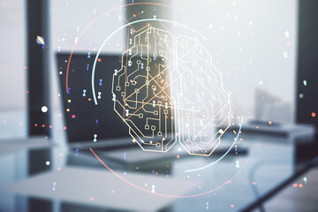 Poster - Double exposure of creative artificial Intelligence symbol with modern laptop on background. Neural networks and machine learning concept