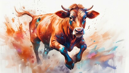 Wall Mural - Image of painting brown cow running on white background. Farm animals. Illustration.