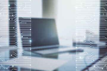 Aufkleber - Creative concept of microscheme illustration on modern laptop background. Big data and database concept. Multiexposure