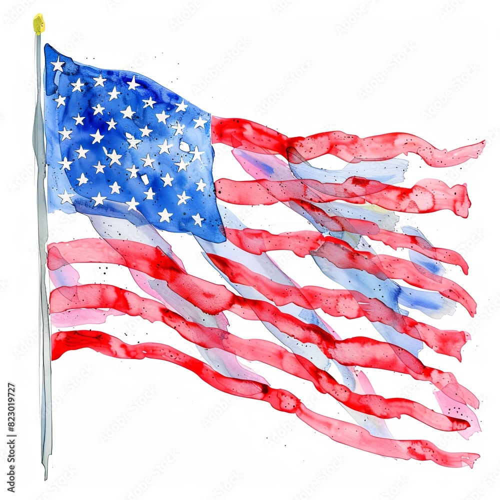 American flag watercolor clipart illustration on white background Stock