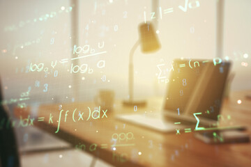 Poster - Double exposure of creative scientific formula concept on laptop background, research and development concept